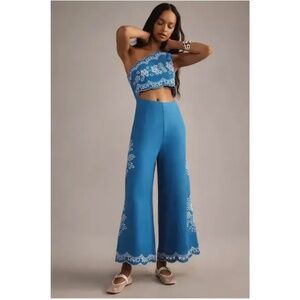 Anthropologie FARM Rio Blue One Shoulder Embroidered Linen Jumpsuit Size sma